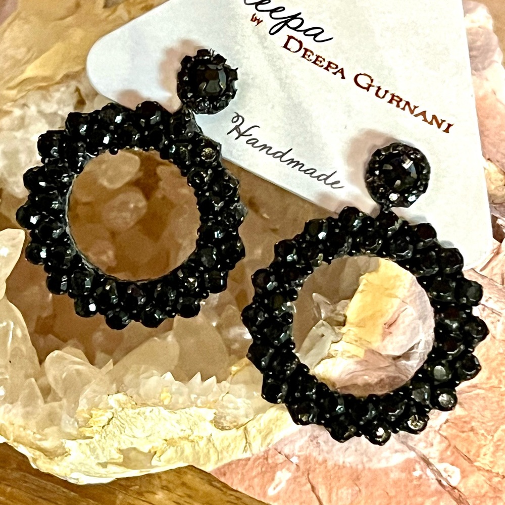 Deepa Gurnani Black Crystal Hoop Drop Earrings